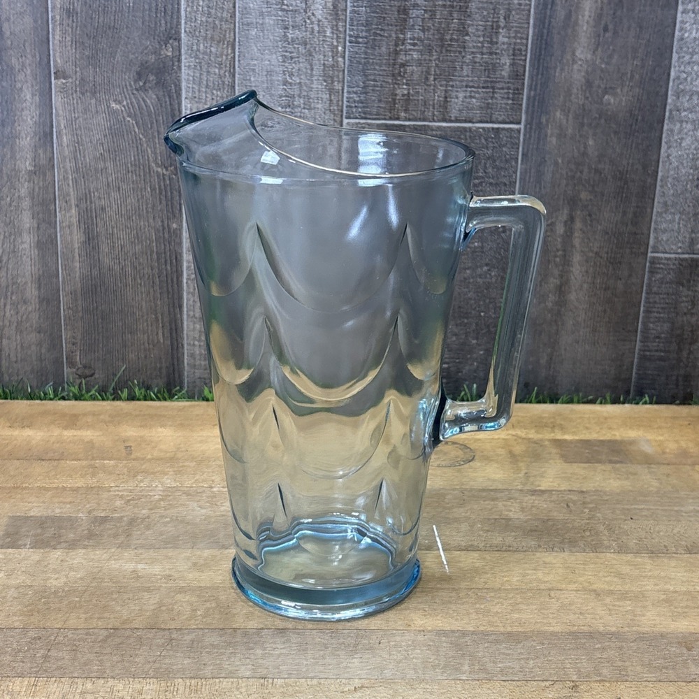 Vintage MCM Aqua Blue Glass Water Pitcher Scallop Fish Scale Pattern 1960s